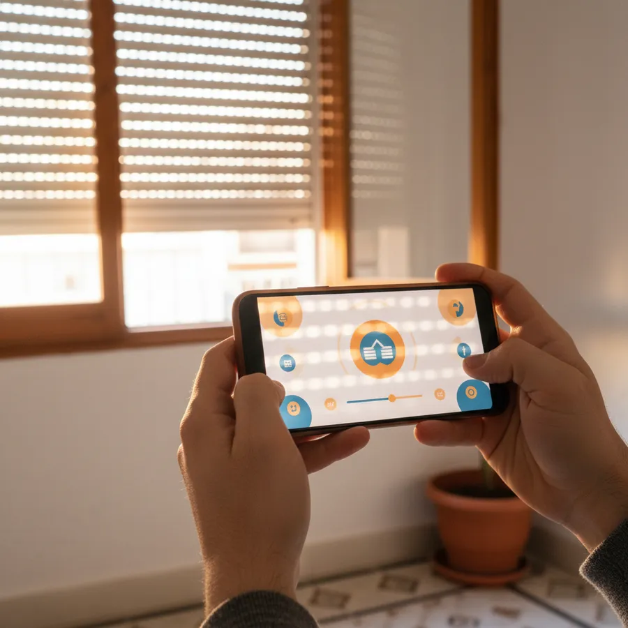 Detalle de motor de persiana enlazado a control móvil con app domótica