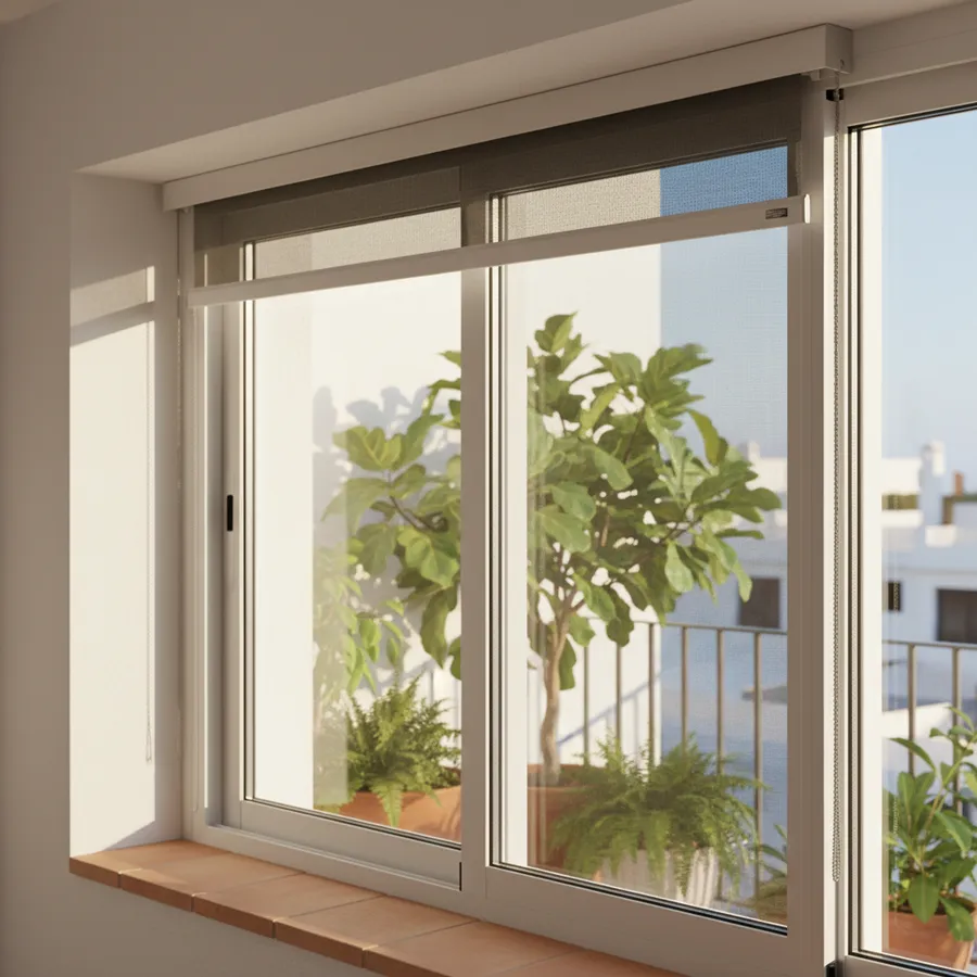 Mosquitera enrollable con cofre superior recogida en ventana de salón