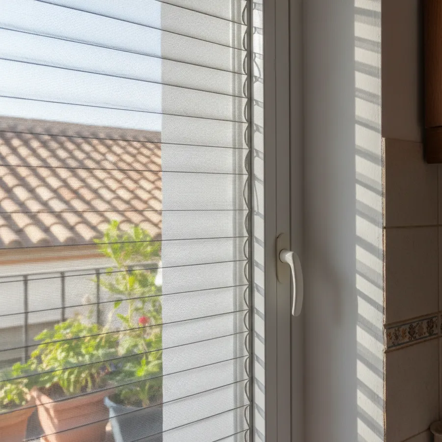 Mosquitera plisada plegada en acordeón sobre ventana de cocina
